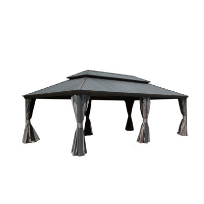 Pavillon de jardin 14 po x 22 pi à toit rigide, pavillon de jardin extérieur avec double toit en acier galvanisé, structure en aluminium, système de gouttière intégrée, rideau et filet, pavillon de pavillon de jardin en métal pour terrasse de jardin, gris