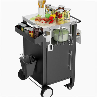 Voiture de barbecue et mobilier d'extérieur, table de barbecue avec rangement, voiture de barbecue d'extérieur avec crochets et supports à épices, noir