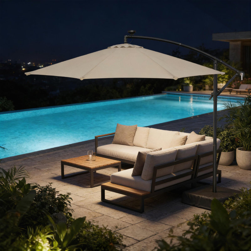 116.13 " W Octagonal Cantilever Umbrella with, Blanc, crème