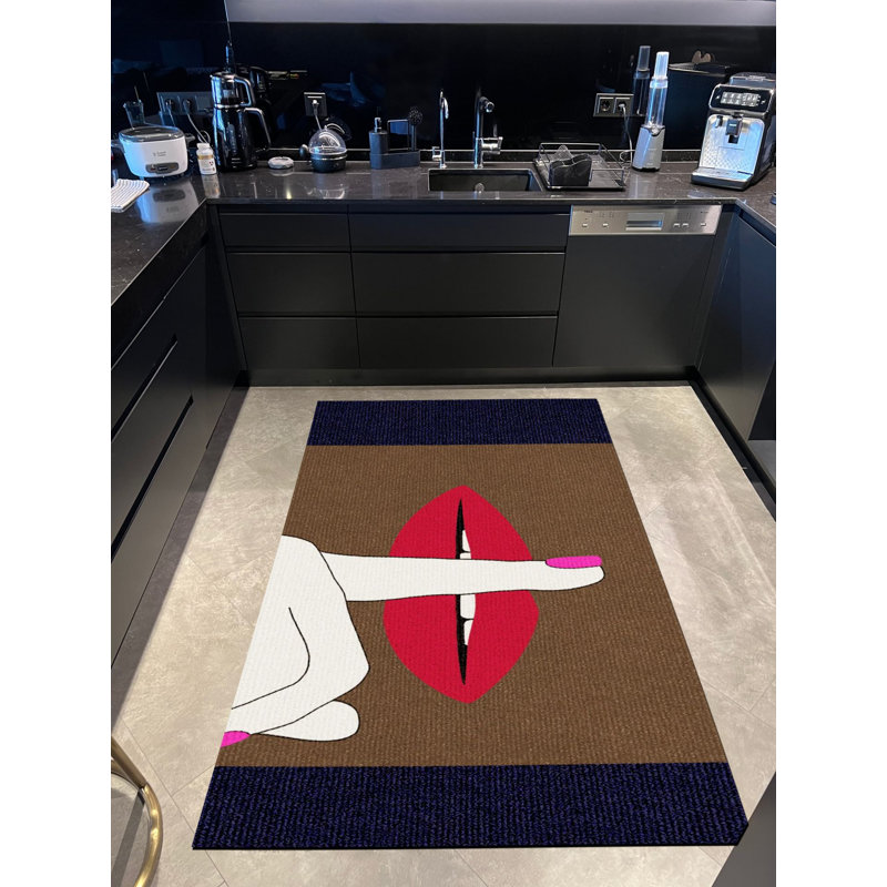 Tapis rose tissé à motif thématique «Shh», Rectangle 4 pi 7,12 po x 6 pi 6,74 po