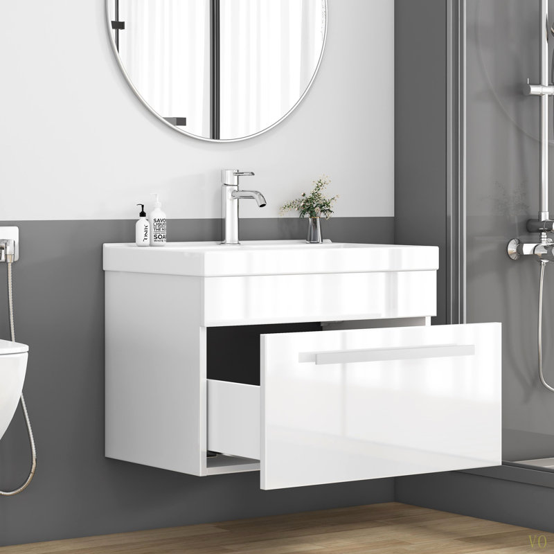 Meuble-lavabo 24 po avec lavabo combiné, 1 grand tiroir, système de fermeture en douceur, meuble-lavabo mural, poignée en métal, cuve en céramique à rebords épais unique
