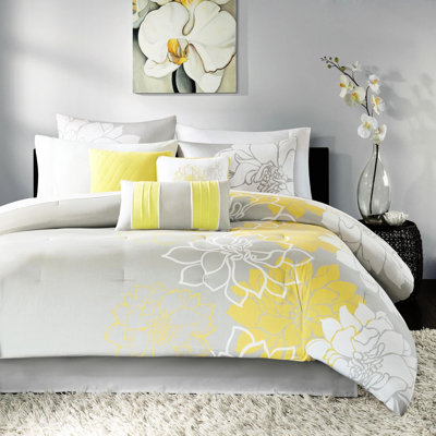 Édredon très grand imprimé en coton - gris taupe / jaune, oreillers brodés en coton, rembourrage, 3