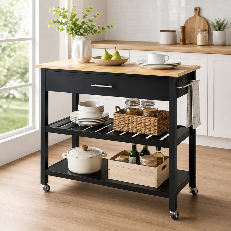 Chariot pour îlot de cuisine avec rangement Aresha, Noir, noir, noir, noir