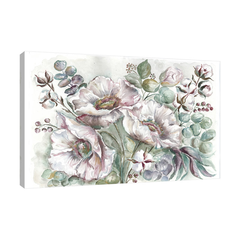 White Poppies and Eucalyptus III - Wrapped Canvas Graphic Art Print, Green/Turquoise/Beige, 25cm H x 38cm W x 4cm D
