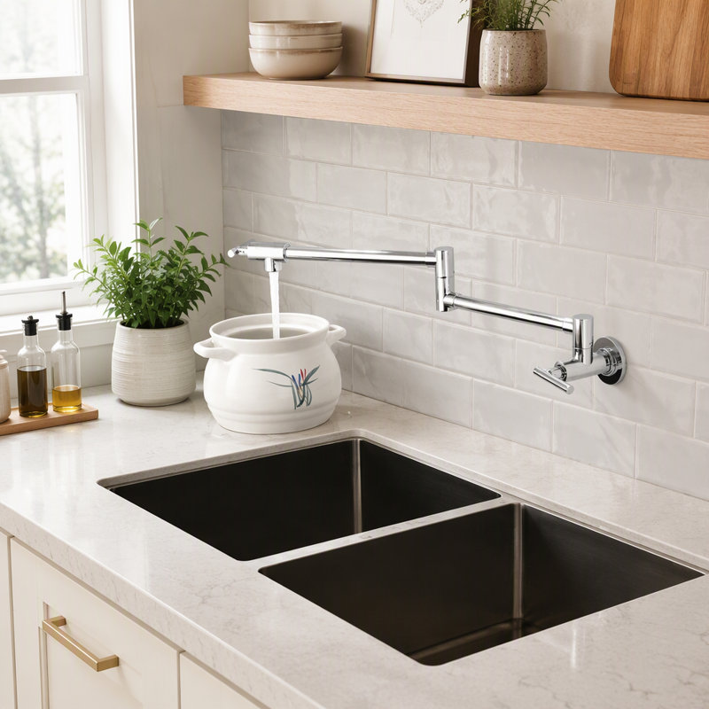 Robinet mural de remplissage de casseroles avec bras pivotant, double poignée et finition anticorrosion pour une cuisson et un nettoyage faciles