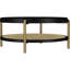 Table basse ronde avec finition noire, tablette de rangement et bois exotique asiatique pour l'aménagement des espaces de vie. Conception double naturelle et pratique.