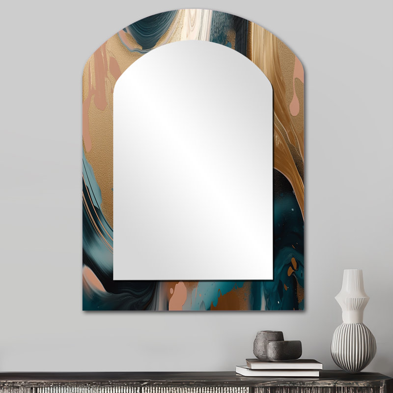 Or et vert marbré Euphoria II - miroir décoratif arqué en marbre, miroir mural asymétrique moderne, impression d'art en métal