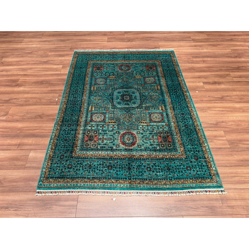 Tapis en laine et coton bleu sarcelle original noué à la main à motif mamelouk