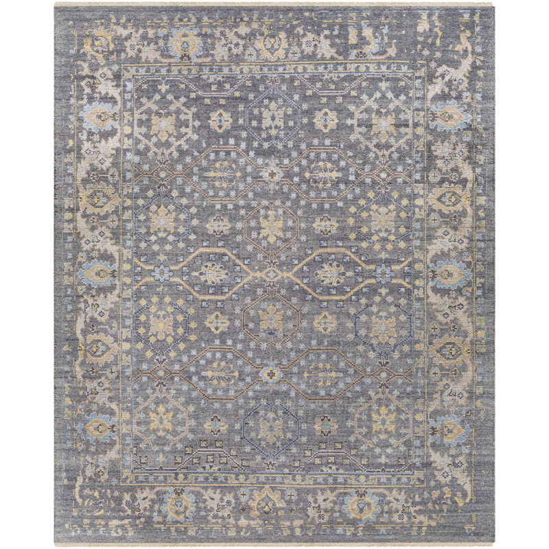 Tapis floral bleu / beige noué à la main Dnyia, Rectangle 8 pi x 10 pi