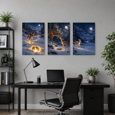 Art mural sur toile, "Deer in Snowy Forest with Glowing Christmas"
