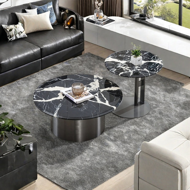 Round marble coffee table set, Black/White, 13.8" H x 35.4" L x 35.4" W, Gray