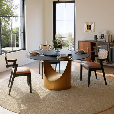 Modern Round Dining Table, Sintered Stone Tabletop With Lazy Susan, Carbon Steel Base Pre-Assembly