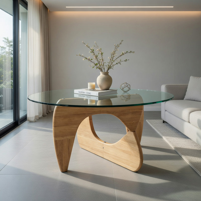 Table basse triangulaire en verre trempé avec base en bois d'hévéa Hommoo, Transparent / Natural & Transparent