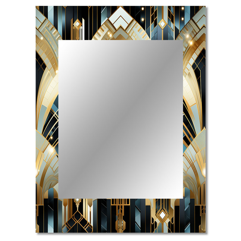 1970S Blue And Gold Damask Art Deco - marble  Wall Mirror, Modern Decorative Mirror, Printed Metal Art, 40" x 30"