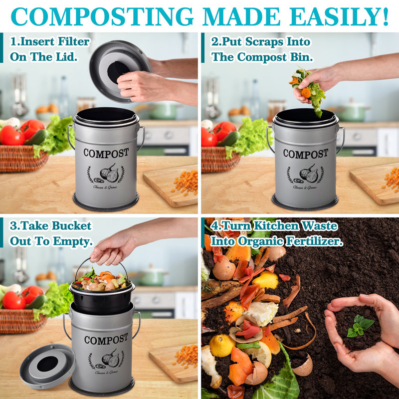 1 Gallons Metal Odor Resistant Indoor Kitchen Composter with Latching Lid, Black