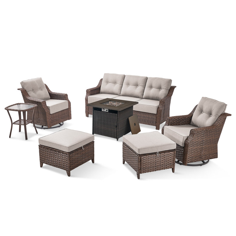 Circlarmino 7-Piece All-Weather Outdoor Wicker Square Fire Pit Conversation Set With Swivel Gliders, Ottomans And Side Table For Patio
