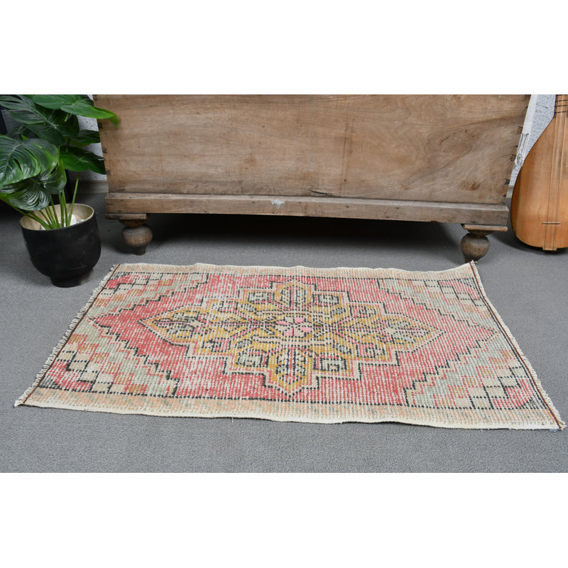 Tapis turc vintage en laine Oushak rouge pour porte d'entrée et petits espaces 12837 - rouge / jaune