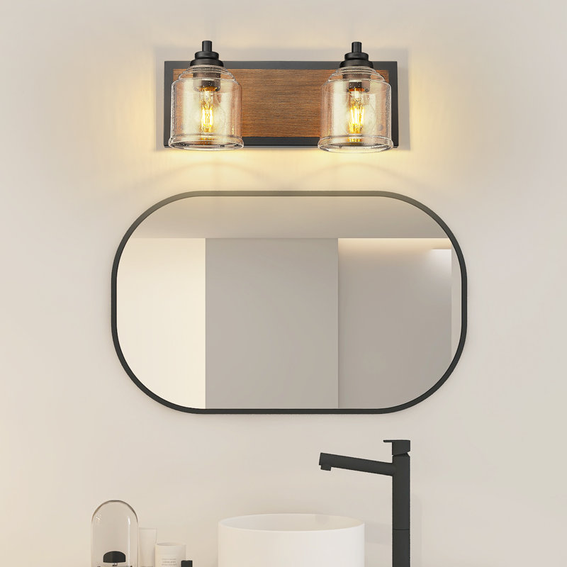 Luminaire de salle de bain à intensité variable Modern Farmhouse avec verre ensemencé et contre-plaque en placage de bois, 2