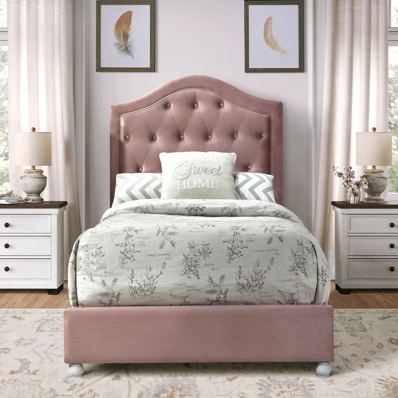 Remmie Pink Tufted Headboard Platform Bed, Twin