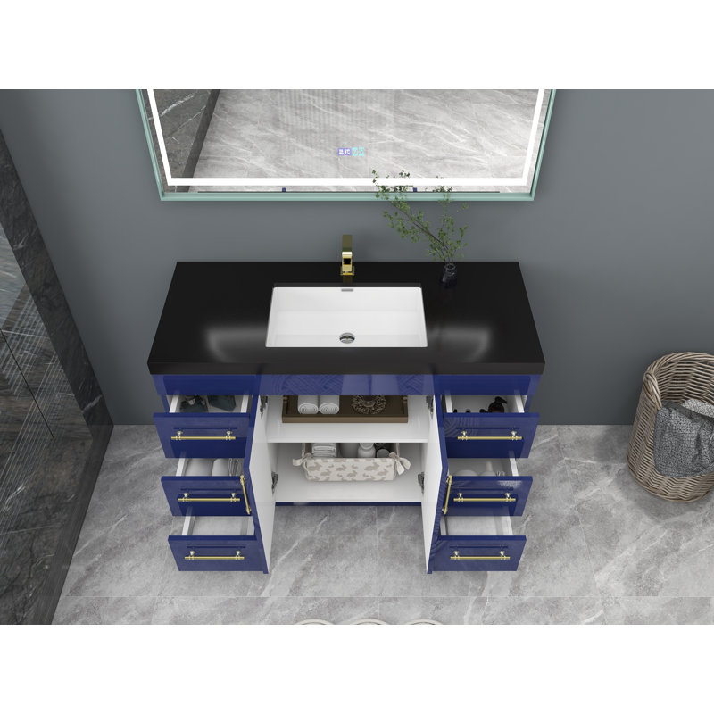 Ensemble de meuble-lavabo simple 48 po Campbell-Johnson, Bleu nuit brillant, Or mat