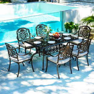 6-Person Outdoor Dining Set, Cast Aluminum Table & 6 Chairs, 60'', All-Weather