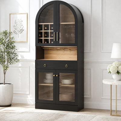 70 " Tall Arched Bar Cabinet , Mid-Century Coffee Bar Cabinet with an Adjustable Shelf & 5 Hooks, 9 Wine Racks, 3 Glass Holder,Tempered Glass Doors