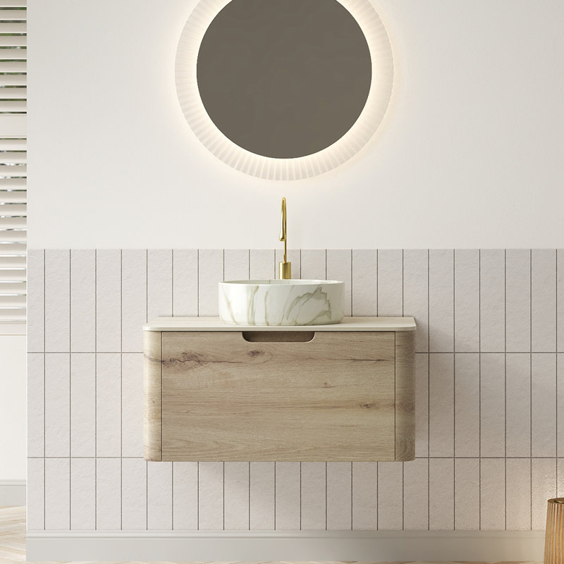 Zavelle Modern Floating Plywood Bathroom Vanity with Marble-Pattern Vessel Basin & Sintered Stone Countertop, 30"