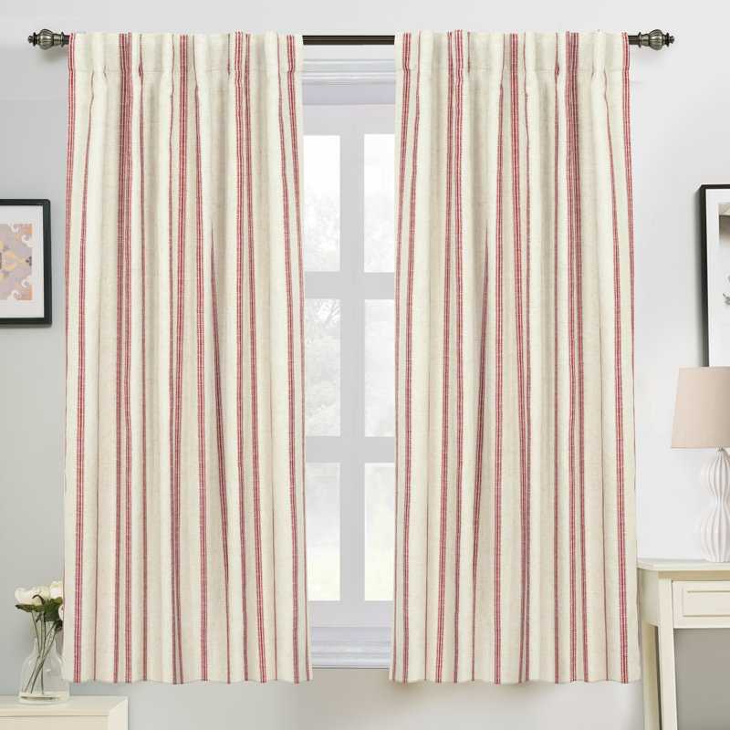 Paire de rideaux occultant, Rayure rouge / languette en lin clair, L 52 po x L 54 po