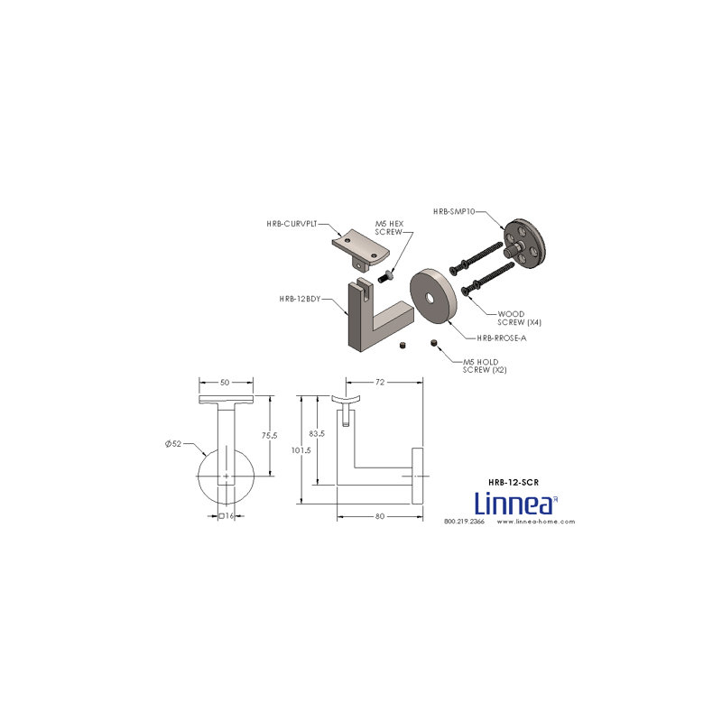 Surface Mount Handrail Bracket with Round Rose and Curved Plate, Satin Stainless Steel