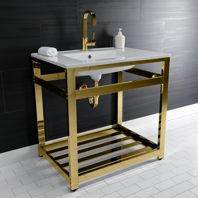 Kingston Brass Quadras 31-Inch Ceramic Console Sink with Steel Base and Shelf, White/Polished Brass, Single
