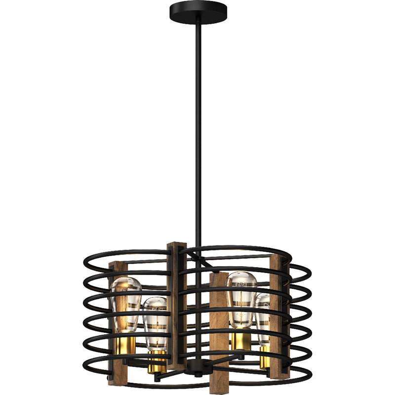 Lustre suspendu cage d'intérieur 4 lumières en bronze et noyer d'inspiration industrielle