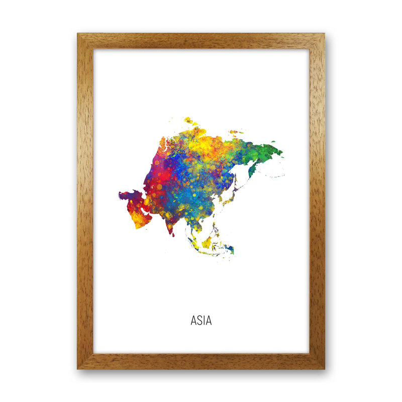 Asia Watercolour Map by Michael Tompsett - Print, Brown Framed, 88cm H x 64cm W x 3cm D