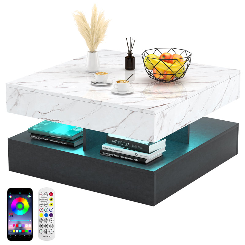 Square LED Coffee Table for Living Room, 2-Tier Centre Table with Plug-in LED Light