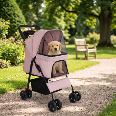 Foldable Pet Stroller For Small Dogs & Cats Breathable Mesh Travel Stroller With 360° Swivel Shockproof Wheels Under-Seat Storage Basket
