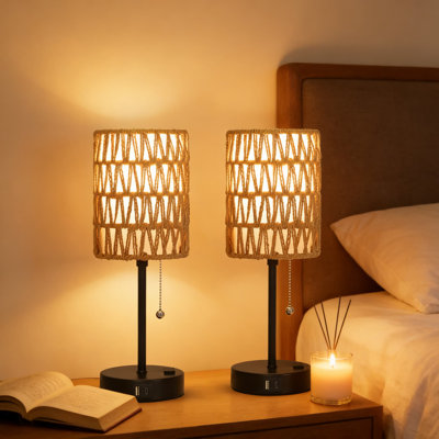 Set Of 2 Rattan Table Lamps With USB-C/USB-A/AC Ports & 3-Way Dimmable LED Bulbs, Pull Chain Nightstand Lamp For Bedroom, Living Room, Or Office Desk