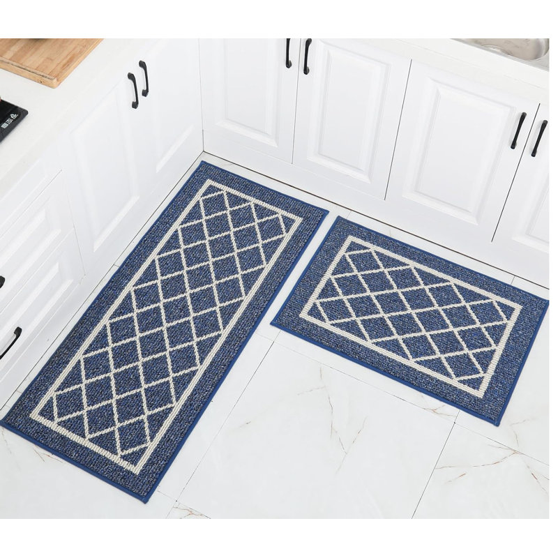 2 Pieces Non Slip Kitchen Mats for Floor,Kitchen Rugs with TPR Backing,50X76cm+50X122cm,Brown, Blue