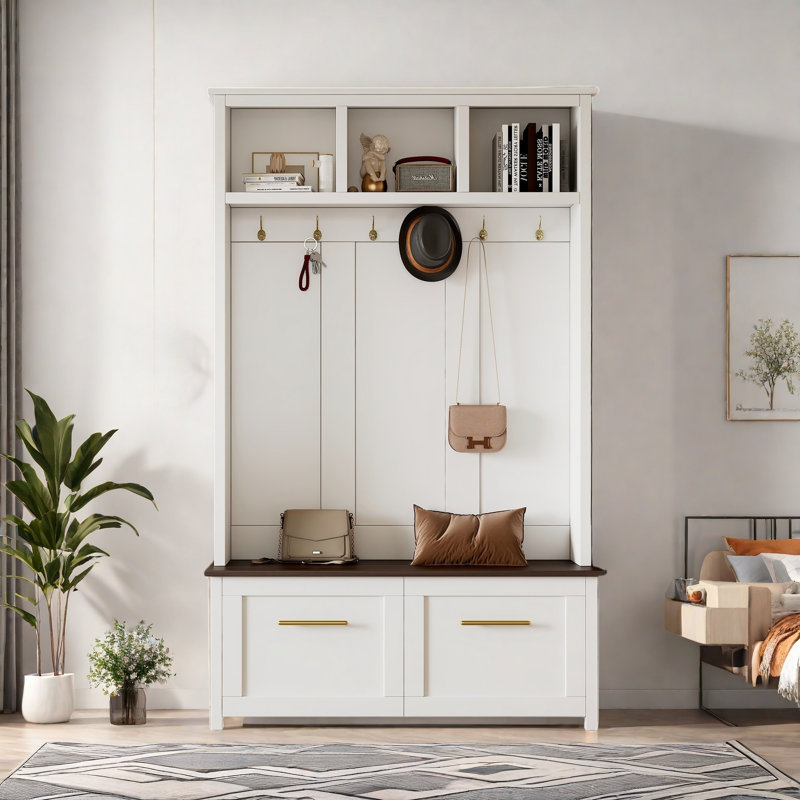 Versatile 4-in-1 Hall Tree With Coat Rack & 6 Golden Hooks, Wood Grain Bench, 2 Drawers And Metal Handles, White