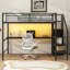 Lit mezzanine double en métal avec bureau, escalier de rangement, garde-robe intégrée et éclairage DEL réglable
