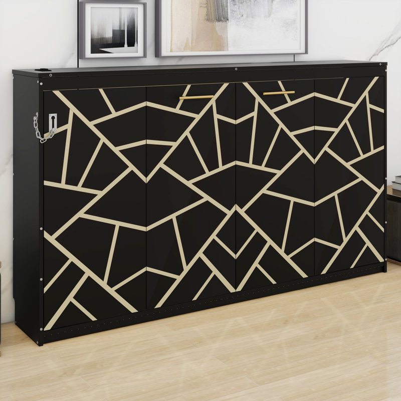 Compact Murphy Bed with Decorative Printed Pattern, LED Lighting & USB Charging Station, Black