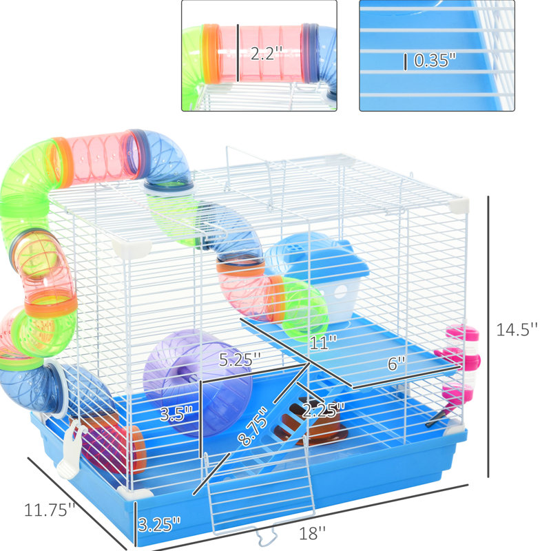 Cage à hamster 18 "2 en bleu avec roue et bouteille d'eau