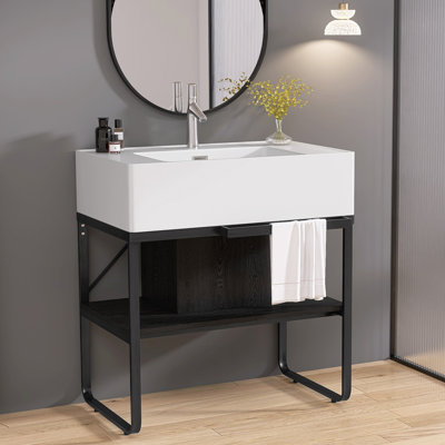 Comptoir de meuble-lavabo à surface solide L 32 po x l 20 po avec lavabo, support de rangement, orifice de trop-plein et trou de robinet pré-percé