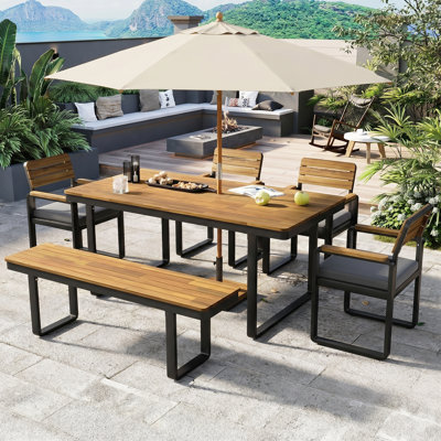 6-Piece Acacia Wood Outdoor Dining Set with Adjustable Feet and Cushions