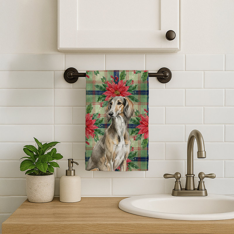 Grizzle Saluki Christmas PoinsettIas Kitchen Towel, Grizzle Saluki