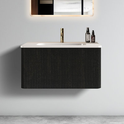 Contemporary Bathroom Vanity - 30" With Striped, White Sink, Convenient Arrangement Vanity: Ceramic Basin, Organization