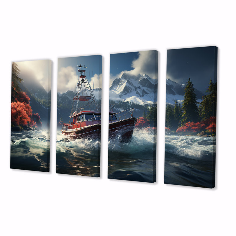 Bateau de pêche rouge et blanc en rivière III - Bateau de pêche, art mural 4 pièces, H 32 po x l 64 po