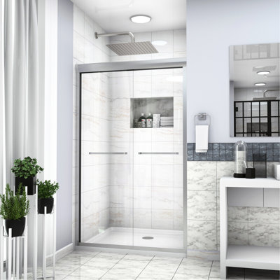 Porte de douche coulissante Semi-Bypass, 48 po x 76 po, nickel brossé, verre trempé, choix pratique pour la salle de bain coulissante 48 po x 76 po, 3/8 po d'épaisseur