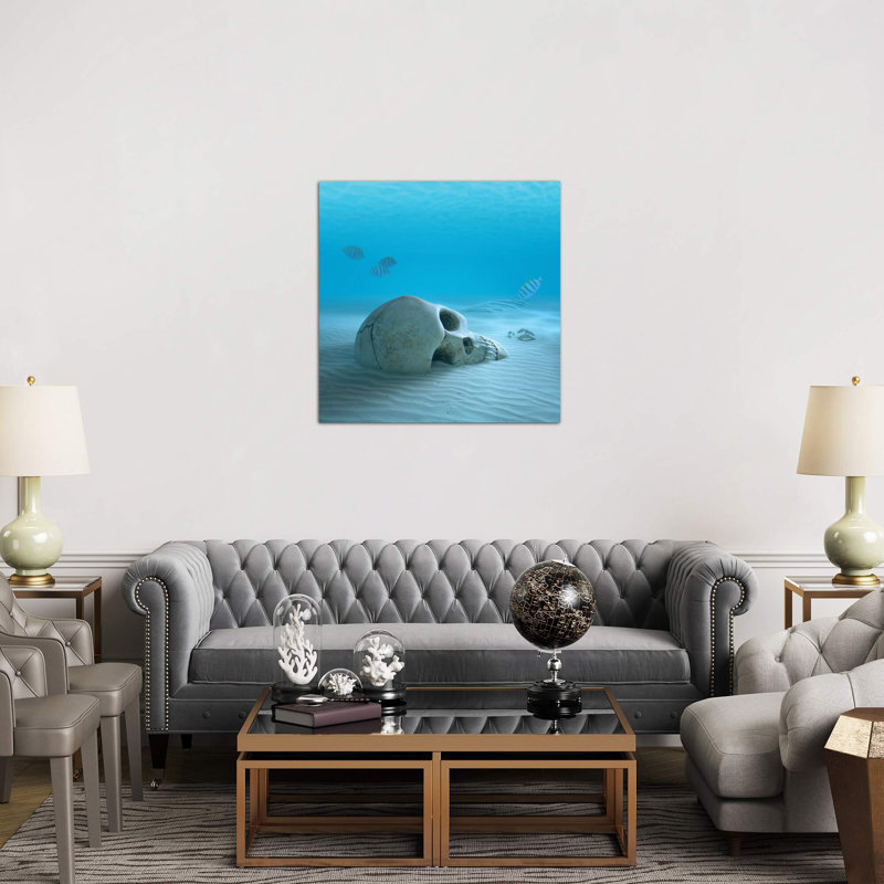 Skull On Sandy Ocean Bottom With Small Fish Cleaning Some Bones - Wrapped Canvas Print, 93.98 cm H x 93.98 cm W x 3.175 cm D