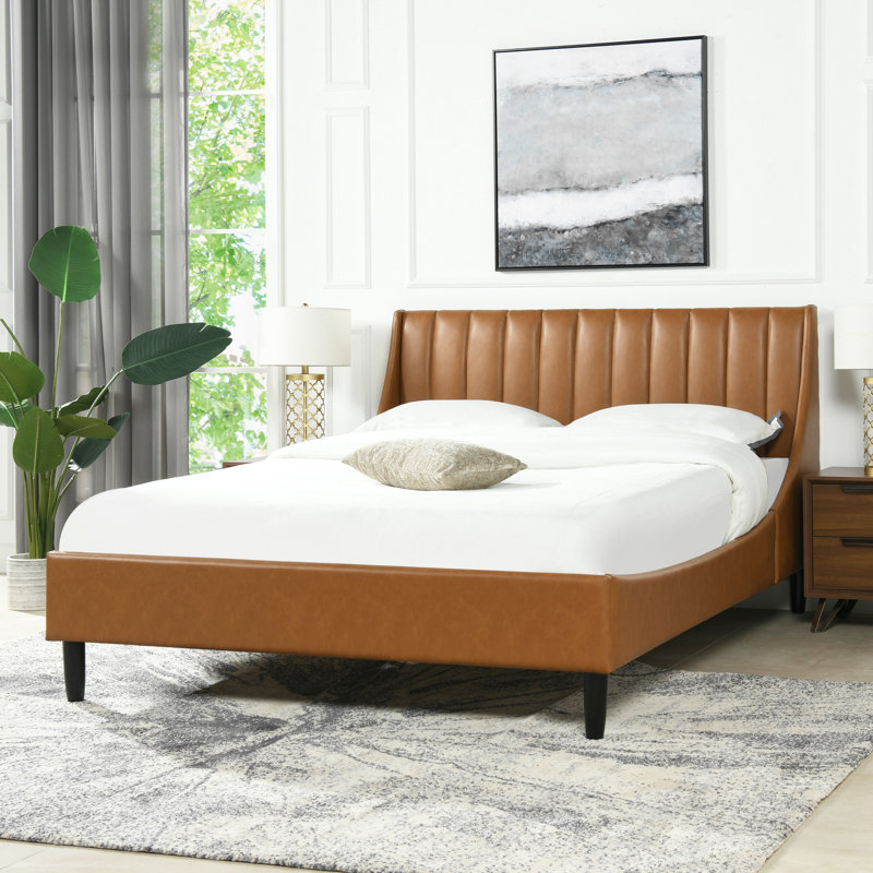 Helaina Upholstered Wingback Bed, Queen, Caramel Tan Brown Faux Leather