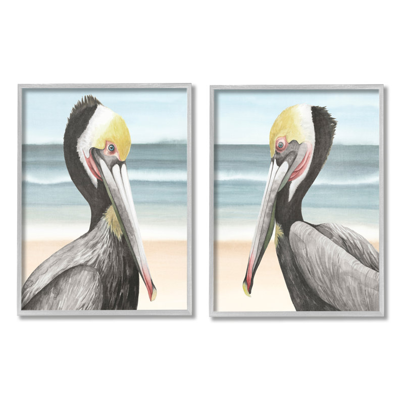 «Pelicans On Beach», reproduction encadrée sur bois 2 pièces, Estampe numérique Farmhouse, H 14 po x l 14 po x P 1,5 po