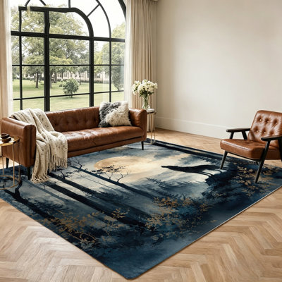 Artistic Wolf and Moon Forest Rug, Unique Home Decor Accent, Durable Non-Slip Floor Mat, Vibrant Art Print, Indoor Area Carpet for Living Room, Bedroom, Office, Entryway, Farmhouse,